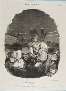 Beim Feuerwerk. Ein Vater ist ein Arbeitspferd, von der Natur bereitgestellt, Platte 33 aus Moeurs Conjugales und Platte 14 in Actualités von Honoré Victorin Daumier