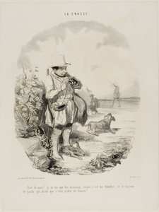 „Verdammtes Land! Ich schieße nur auf Spatzen... und nur Weibchen... und dieser geniale Wächter bestand darauf, dass der Ort voller Kaninchen ist,“ Platte 5 aus La Chasse von Honoré Victorin Daumier