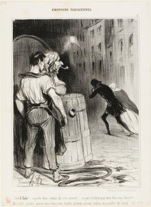 „Wie dumm! Schau nur, wie sie rennen. Das passiert, wenn man am falschen Ort ist. Wartet nur! Nächstes Mal sagt uns vorher Bescheid und wir kümmern uns gut um euch...“, Platte 1 aus Émotions Parisiennes von Honoré Victorin Daumier