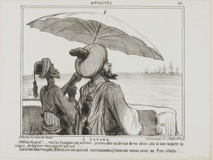 In Tanger. „- Erhabene Majestät... die Spanier kommen... um sie zu erschrecken, habe ich mir die Freiheit genommen, Ihren Regenschirm vollständig zu öffnen als Zeichen Ihrer Größe! - Lass mich in Ruhe mit meinem Regenschirm, Belboul... ich hätte lieber ein von Honoré Victorin Daumier
