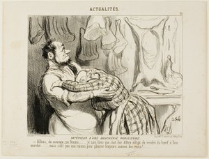 Im Inneren einer Metzgerei in Paris. „Komm schon, mein Lieber..... Ich weiß, es ist schwer, unser Rindfleisch so billig zu verkaufen..... aber das ist kein Grund, wie ein Kalb zu weinen!“, Platte 75 aus Actualités von Honoré Victorin Daumier