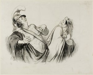 Merope. „Ein Soldat meiner Statur ist durchaus in der Lage, den Staat zu führen, der einst mit so viel Spaß verteidigt wurde“, Platte 2 aus Physionomies Tragiques (recto); Provost. (dans le Puff - Théâtre Français) "Le Puff, est l