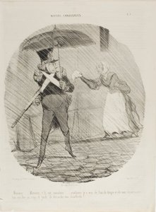 „Monsieur, Monsieur, hier ist Ihr Taschentuch. Madame hat etwas Eau de Cologne darauf getan und sie sagte, Sie sollten beim Wächter nach einem Fußwärmer fragen,“ Tafel 47 aus Moeurs Conjugales von Honoré Victorin Daumier