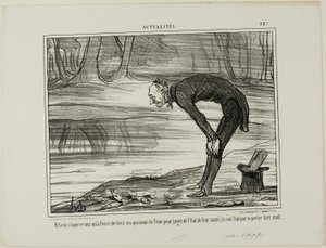 Herr Coste bemerkt, dass die Fische, die er aus dem Wasser genommen hat, um ihren Gesundheitszustand zu analysieren, sich überhaupt nicht wohl fühlen, Platte 387 aus Actualités von Honoré Victorin Daumier