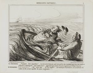 Herr Prudhomme: "- Unverschämte Wellen... wisst ihr nicht, wen ihr in diesem Moment tragt?... oh kühn... wisst, ich werde euch wie Xerxes schrecklich peitschen. Mme Prudhomme: (zitternd vor Angst) "- Bitte, mein lieber Freund, beleidige das Meer nicht läng von Honoré Victorin Daumier