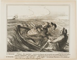 Herr Prudhomme: „- Unangenehme Wellen.... wisst ihr nicht, wen ihr in diesem Moment tragt?... oh kühn... wisst, ich werde euch, wie Xerxes, schrecklich peitschen.“ Frau Prudhomme: (zitternd vor Angst) „- Bitte, mein lieber Freund, beleidige das Meer nicht  von Honoré Victorin Daumier