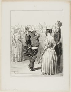 Rifolard eröffnet den Ball und führt einen kühnen Tanzschritt aus, der weithin gelobt wird, Platte 5 aus Les Banqueteurs von Honoré Victorin Daumier