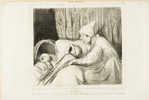 Sinn des Hörens. "- Wach auf Nini!... Ich rufe sie seit mehr als einer Stunde, und sie antwortet immer: ja Adolphe. Aber weder der Name des Kindes noch meiner ist Adolphe!", Platte 41 aus Pariser Typen von Honoré Victorin Daumier