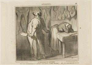 Die Verzweiflung des Metzgers. „- Stell dir vor: Jeder kann sich als Metzger niederlassen! Ah! Es gibt Momente, in denen ich Lust habe, mein Fleischbeil zu nehmen und mich wie ein einfaches Kalb in zwei Hälften zu schneiden,“ Platte 458 aus Actualités von Honoré Victorin Daumier