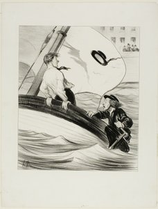 Der Windstoß. „- Oh Mist! Ich habe meinen Hut verloren! - Keine Sorge.... da er wasserdicht ist.... werden Sie kein Problem haben, ihn in Rouen zurückzubekommen!,“ Tafel 17 aus Les Canotiers Parisiens von Honoré Victorin Daumier