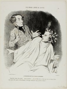 Die Unannehmlichkeit, seine Haare gelockt zu bekommen. „Oh verdammt... pass auf... du verbrennst mich... ich treffe jemanden und möchte gut aussehen... aber um meine brennende Leidenschaft zu erklären, muss ich nicht verbrannt riechen!“, Platte 3 von Honoré Victorin Daumier