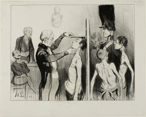 Das Rekrutierungsbrett. „Ist es nicht ein herrlicher Anblick: diese edlen jungen Franzosen voller Eifer, Stärke und Eleganz, bereit, ihre Ehre unter den Fahnen des Mars zu verteidigen“, Platte 35 aus Caricatures Du Jour von Honoré Victorin Daumier