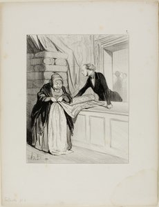 Der Schwindel des Verkäufers. Ein Design aus der Mode. "Diese Art Stoff hat einen wunderbaren Farbton; Madame ist die Erste, der ich es gezeigt habe.... alle unsere jungen Frauen werden sich darum reißen. Was für ein charmantes Design.... es würde wunderba von Honoré Victorin Daumier