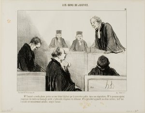 Die Verteidigung lobt das Talent der Anklage, während der Generalstaatsanwalt die Eloquenz der Verteidigung bewundert. Der Richter applaudiert beiden und alle sind zufrieden, außer dem Angeklagten, Platte 16 aus Les Gens De Justice von Honoré Victorin Daumier