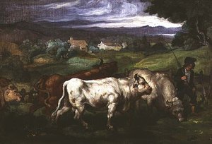 Rinder und ein Treiber in einer Landschaft von Honore (circle of) Daumier
