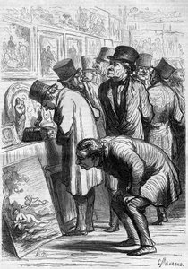 Ein Raum des Hotel Drouot, ein Ausstellungstag. Karikatur von Honore Daumier. Gravur in 