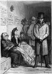 Ein Omnibus-Warteschalter. Karikatur von Honore Daumier. Gravur in „Le Monde Illustré“ Nr. 257 vom 15. März 1862 von Honoré Daumier
