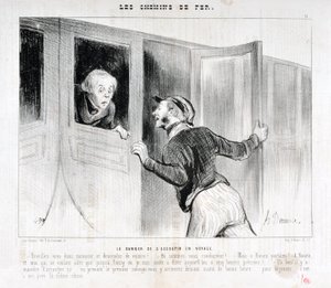 Werk von Honore Daumier (1808-1879). Charivari stammt aus dem Jahr 1843: Serie LES RAILWAYS Die Gefahr, auf einer Reise einzuschlafen - Wach auf, Herr, und steigen Sie aus dem Wagen! - Wohin fahren wir? - Aber nach Rouen, parbleu! - Nach Rouen und ich woll von Honoré Daumier