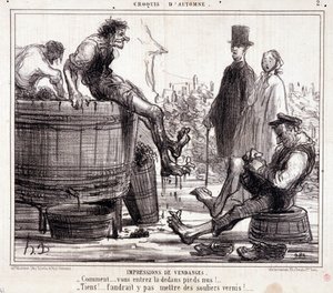Karikatur über Erntearbeiter, die barfuß auf Trauben trampeln, aus der Serie „Herbstskizze“ von Honoré Daumier