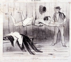 Karikatur über Touristen im Urlaub. Serie „Les Baigneurs“: „Die Lektion eines Trockenen“. Gravur von Honoré Daumier (1808-1879). Auszug aus der Zeitung „Le Charivari“. von Honoré Daumier