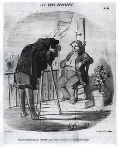 Die guten Bürger - Die bequemste Position für ein schönes Porträt im Daguerreotyp, Karikatur von Daumier - in „Charivari“ vom 24.07.1847