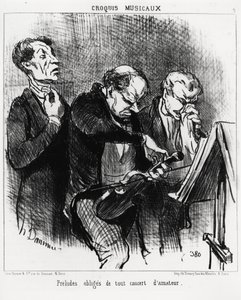Musikalische Skizzen: obligatorische Präludien jedes Amateurkonzerts. Drei Musiker bemühen sich, ihre Stimmen zu erhellen, eine Geige zu stimmen und ihre Nase mit Pomp zu putzen. Illustration von Honore Daumier (1808-1879), veröffentlicht in „Charivari“, d