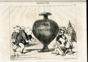 Satirisch in Schwarz-Weiß: Nachrichten - Präsident der Republik, Allgemeines Wahlrecht - Thiers Adolphe, Montalembert Charles de, Louis Matthieu Mole, Dupin Andre-Marie, Illustration von Honore Daumier