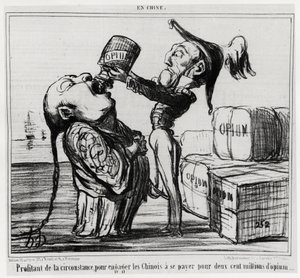 Zweiter Opiumkrieg (1856-1860): Im Jahr 1858 stimmte die chinesische Regierung zu, den Handel mit Opium zu legalisieren. „Die Gelegenheit nutzen, um die Chinesen zu verpflichten, zweihundert Millionen Opium zu bezahlen“, in der Serie En Chine, Illustration von Honoré Daumier