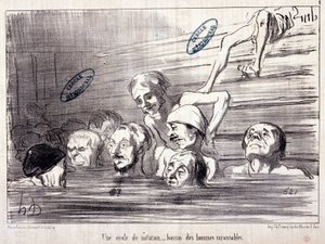 Serie „Les Bains de Mer“: „Aquatische Skizze. Eine Schwimmschule, ein Becken vernünftiger Männer.“ Gravur von Honoré Daumier (1808-1879). Auszug aus der Zeitung „Le Charivari“. von Honoré Daumier