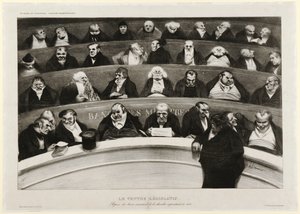 Der gesetzgebende Bauch: Ansicht der Ministerbänke in der improvisierten Kammer von 1834 (Lithographie) von Honoré Daumier