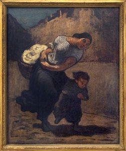 Der Sturm (die Lavendel). Eine Frau hält einen kurzen Korb mit einem Kind, wahrscheinlich um sich vor dem Regen zu schützen von Honoré Daumier