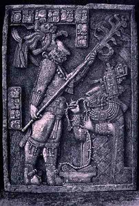 Geschnitzter Steinbalken aus Tempel 23, Yaxchilan, 726 n. Chr., zeigt den Herrscher Schild Jaguar und seine Frau, Lady Xoc, bei einem Blutopfer-Ritual, aus Die alten Städte der Neuen Welt, von Claude-Joseph-Desire Charnay von Honore after Chapuis