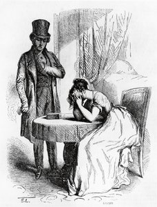 Frau in Verzweiflung unter dem Blick eines Mannes, Illustration aus 