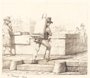 Künstler trägt Staffelei mit einem Lithografiestein