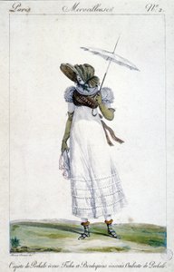 Modegravur von Horace Vernet (1789 - 1863), um 1810 für „A Wonderful“ gefertigt, eine Frau darstellend, die einen ecrufarbenen Baldachin, eine blutige, karierte Stickerei und einen Regenschirm trägt