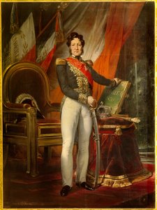 Ganzkörperporträt von Louis Philippe 1er (1773-1850), König der Franzosen, der die Charta von 1830 hält. Die dreifarbigen Fahnen hinter dem König tragen das Motto „Freiheit Gleichheit Brüderlichkeit“. Gemälde von Emile Jean Horace Vernet (1789-1863) von Emile Jean Horace Vernet