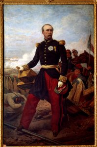 Ganzkörperporträt von Patrice de Mac Mahon, Marschall von Frankreich 1859, Herzog von Magenta (1808-1893), Präsident der Republik von 1873 bis 1879, dargestellt in der Schlacht von Magenta am 4. Juni von Emile Jean Horace Vernet