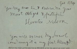 Teil des ersten Briefes, den Nelson nach dem Verlust seines rechten Arms schrieb