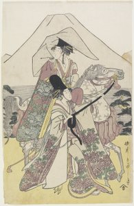 Zwei Frauen reisen zu Pferd am Fuße des Berges Fuji von Hosoda Eiri