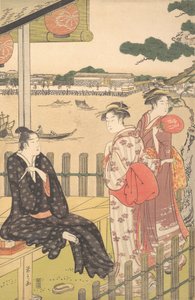 Gruppe in einem Teehaus am Ufer des Sumida-Flusses von Hosoda Eishi