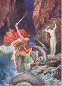 Perseus fällt aus den Höhen der Luft, Illustration für 