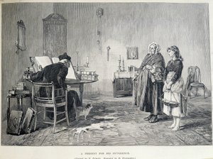 Zwei irische Frauen bringen einem Geistlichen ein Geschenk. Gravur von H. Werdmuller nach dem Gemälde von H. Helmick im 19. Jahrhundert