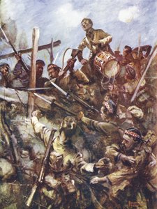 Trommler Walter Ritchie steht auf dem Feindeswall, um den Angriff zu signalisieren, unter schwerem Maschinengewehrfeuer und Bombenangriffen, Beaumont Hamel, Frankreich, 1. Juli 1916