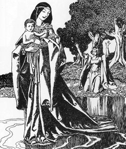 Artussage: Die Dame vom See entführt den jungen Lancelot Illustration von Howard Pyle (1853-1911) aus „The story of the champions of the round table“ 1903 Private Sammlung