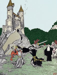 Kampf zwischen König Artus und dem schwarzen Ritter in Anwesenheit von Merlin dem Zauberer. Illustration von Howard Pyle (1853 - 1911), amerikanischer Illustrator
