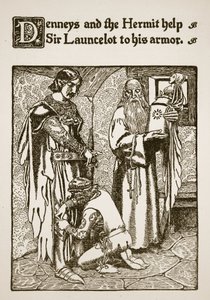 Denneys und der Einsiedler helfen Sir Launcelot bei seiner Rüstung, Illustration aus 