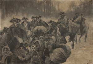 Fünf rot gekleidete Soldaten zu Pferd, mit einem weiteren bis zu den Augen verhüllten...um diese scharen sich ein buntes Dutzend armer Leute, jung und alt von Howard Pyle