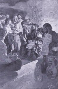 Er führte Jack zu dem Mann, der auf dem Fass saß, aus Howard Pyles Buch der Piraten, veröffentlicht von Harper & Bros, 1921 von Howard Pyle