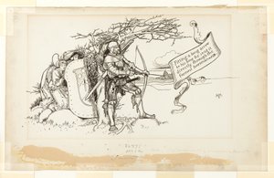 Illustration für Die entgegenkommende Umstände, II; Er passte einen langen Pfeil an seinen Bogen an und schickte ihn direkt durch den vordersten Reiter von Howard Pyle