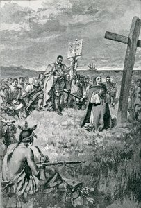 Jacques Cartier (1491-1557) errichtet ein Kreuz in Gaspé, Illustration aus 